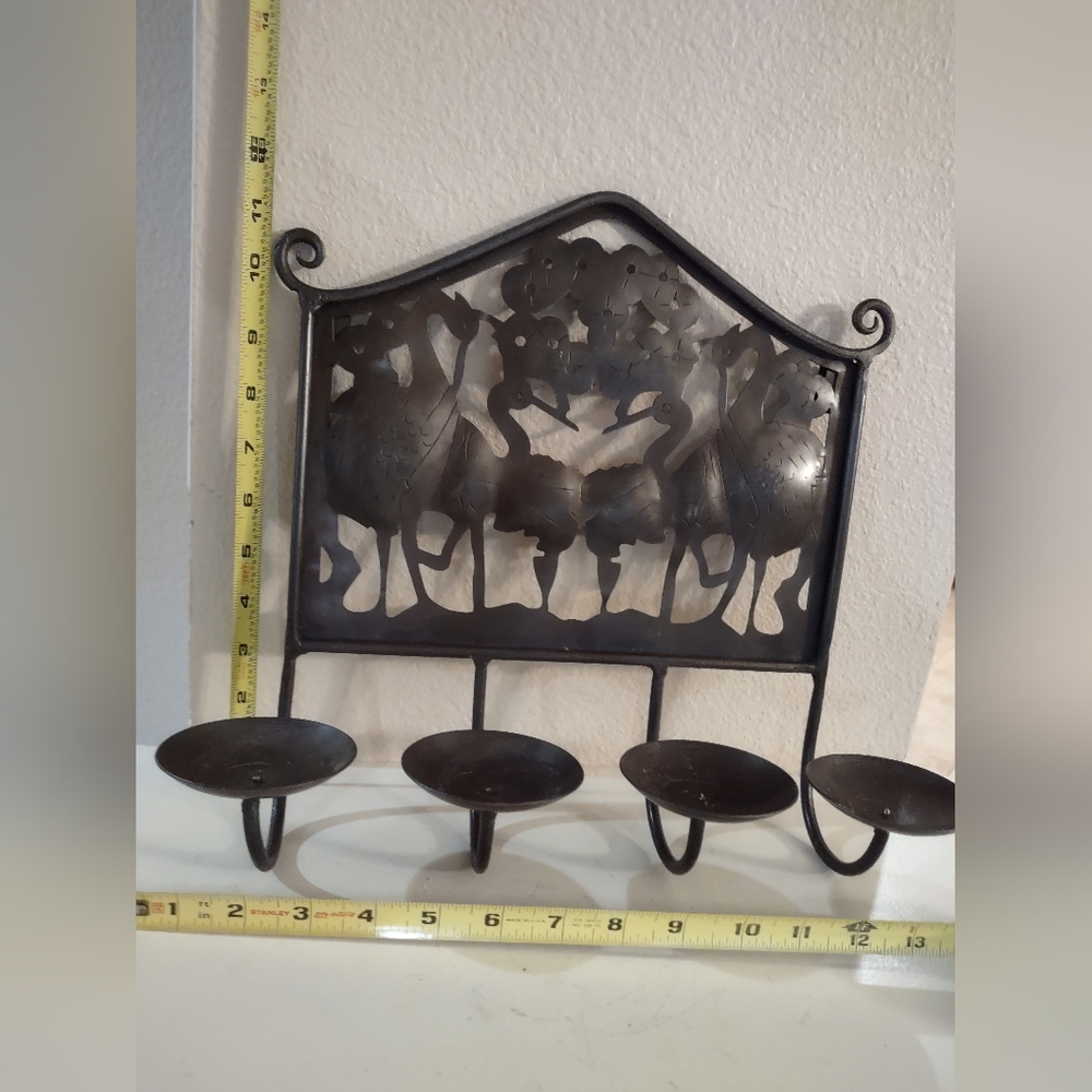 Vintage Metal Art Iron Wall Mount Candle Holder Figural Herons Cranes Flowers - Picture 5 of 9